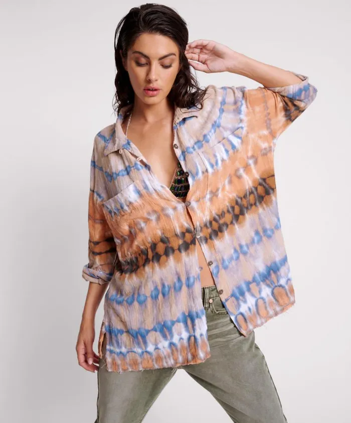 Women One Teaspoon Shirts MIRAGE HAND TIE DYED MUSLIN LONG LINE SHIRT Women One Teaspoon Shirts MIRAGE HAND TIE DYED MUSLIN LONG LINE SHIRT