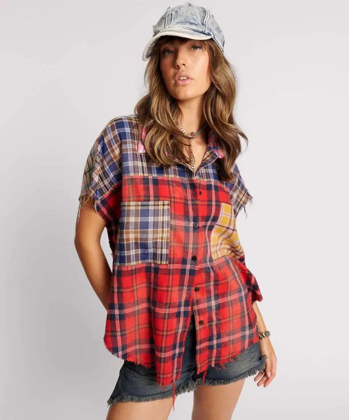 Women One Teaspoon Shirts MIXED FLANNEL CUT OFF DARIA SHIRT