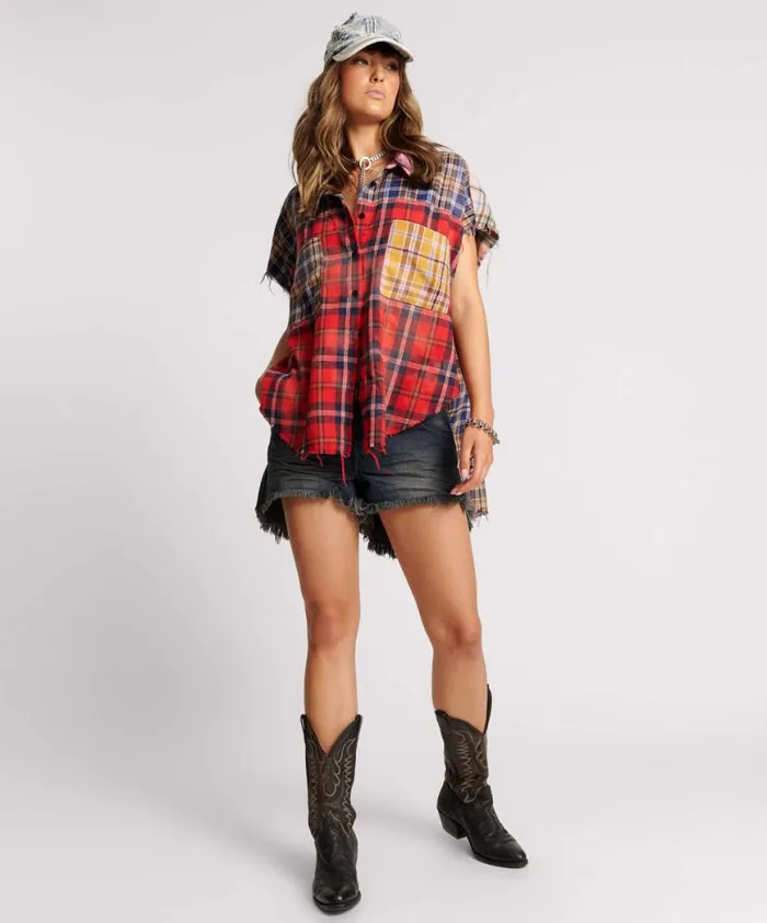 Women One Teaspoon Shirts MIXED FLANNEL CUT OFF DARIA SHIRT Women One Teaspoon Shirts MIXED FLANNEL CUT OFF DARIA SHIRT