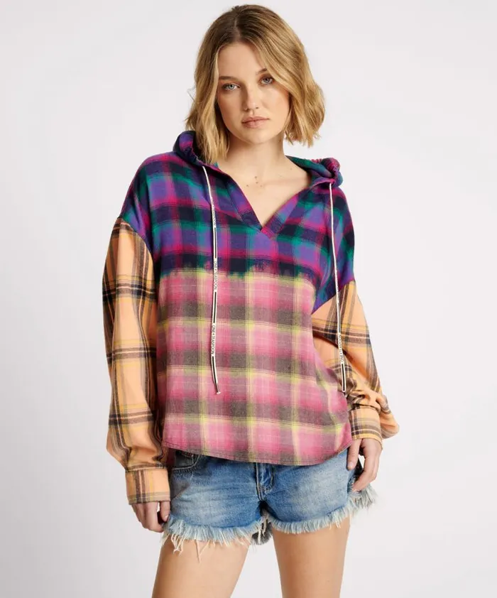 Women One Teaspoon Shirts MIXED FLANNEL HOODED SHIRT