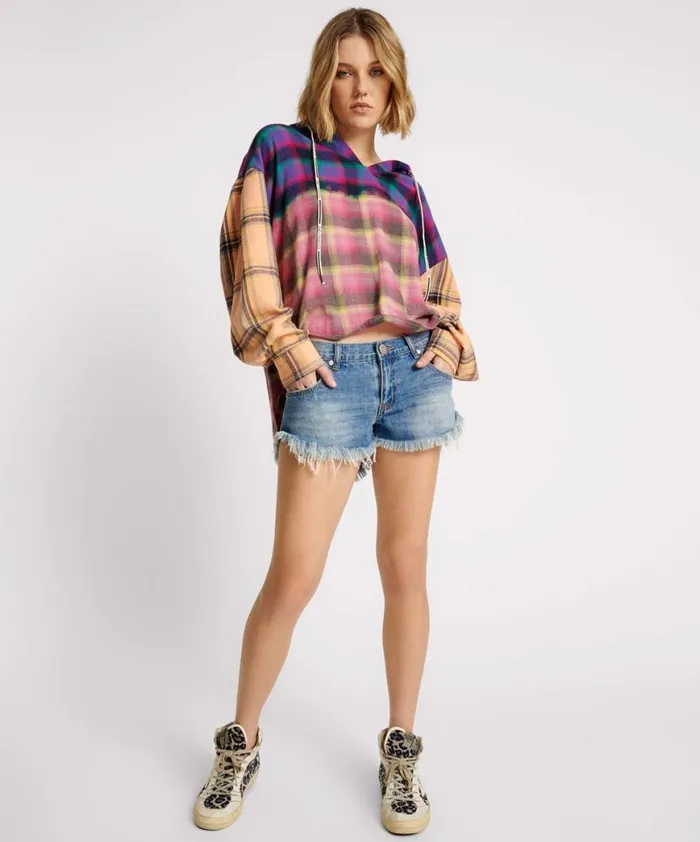 Women One Teaspoon Shirts MIXED FLANNEL HOODED SHIRT Women One Teaspoon Shirts MIXED FLANNEL HOODED SHIRT