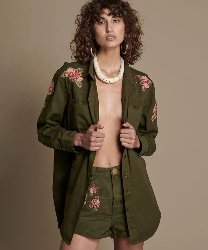Women One Teaspoon Shirts OLIVE WILD ROSE MILITARY SHIRT