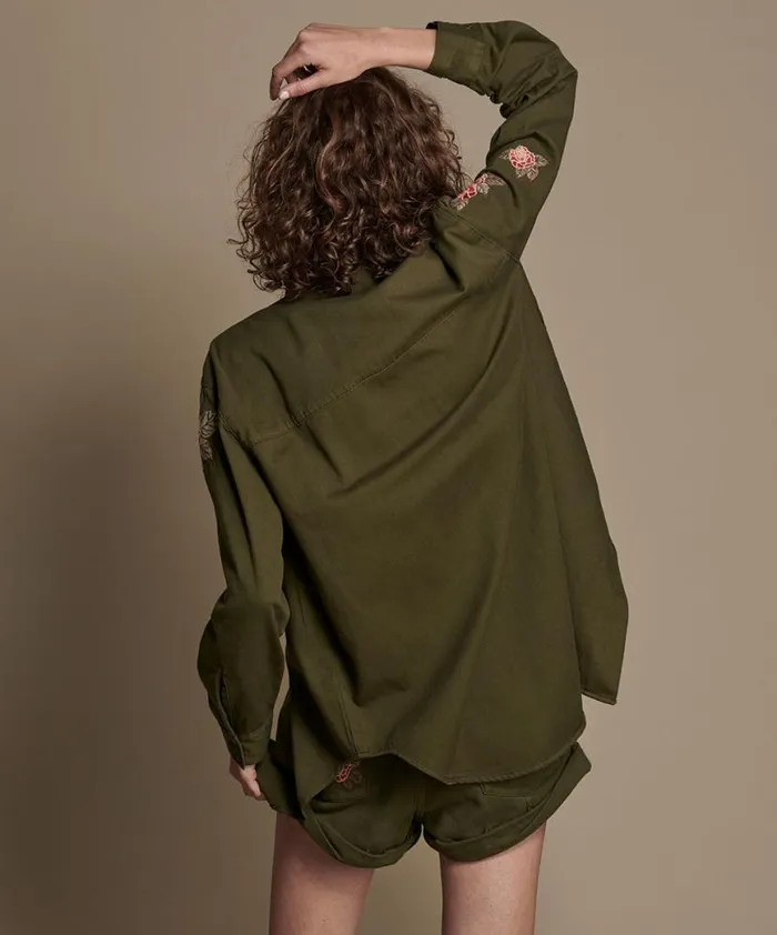 Women One Teaspoon Shirts OLIVE WILD ROSE MILITARY SHIRT Women One Teaspoon Shirts OLIVE WILD ROSE MILITARY SHIRT