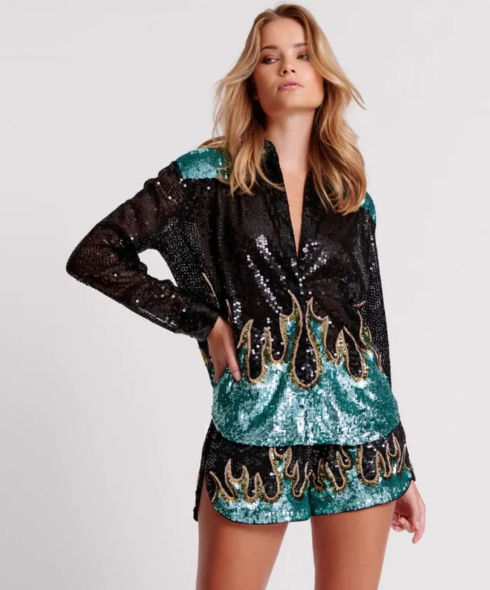 Women One Teaspoon Shirts ON FIRE HAND SEQUIN WESTERN SHIRT