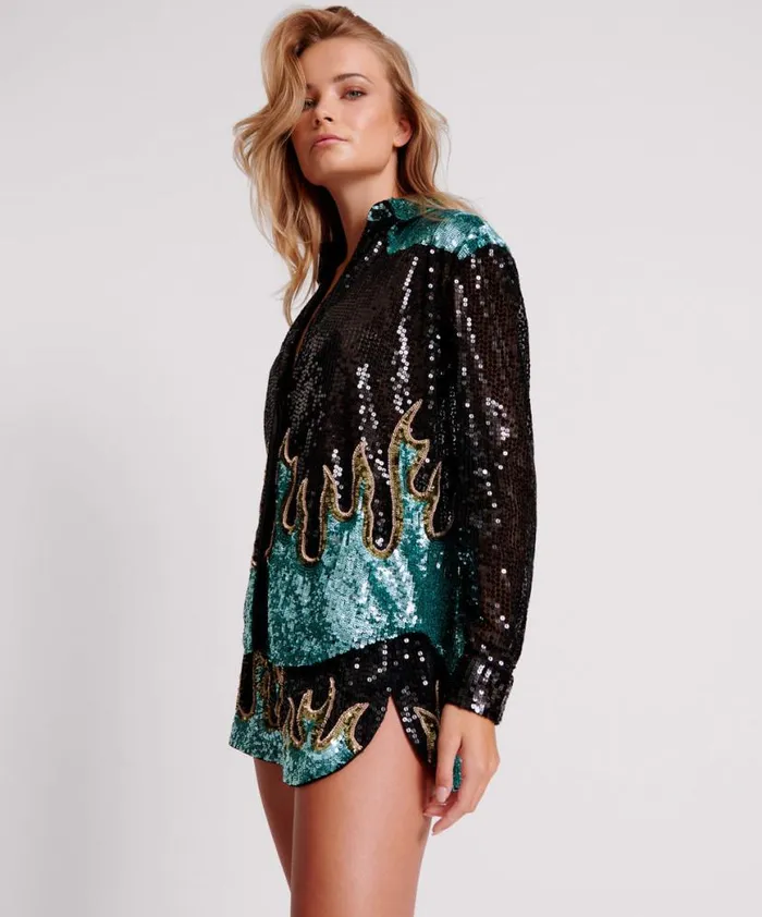 Women One Teaspoon Shirts ON FIRE HAND SEQUIN WESTERN SHIRT