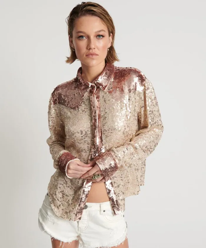 Women One Teaspoon Shirts ROSE GOLD HAND SEQUIN WESTERN SHIRT Women One Teaspoon Shirts ROSE GOLD HAND SEQUIN WESTERN SHIRT