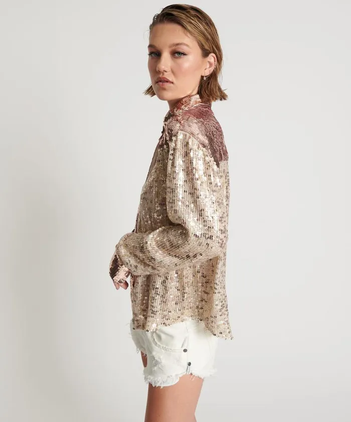 Women One Teaspoon Shirts ROSE GOLD HAND SEQUIN WESTERN SHIRT Women One Teaspoon Shirts ROSE GOLD HAND SEQUIN WESTERN SHIRT