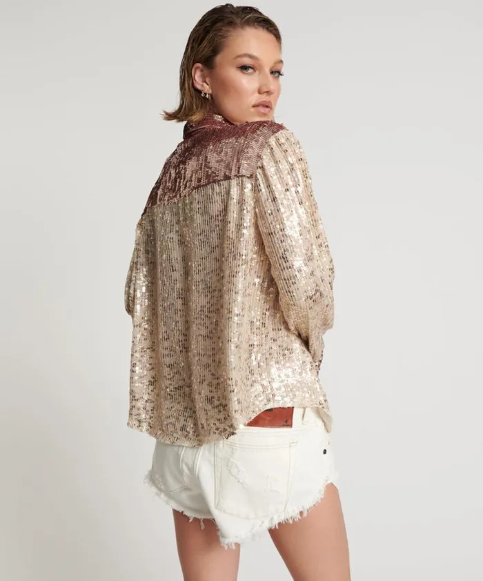 Women One Teaspoon Shirts ROSE GOLD HAND SEQUIN WESTERN SHIRT Women One Teaspoon Shirts ROSE GOLD HAND SEQUIN WESTERN SHIRT