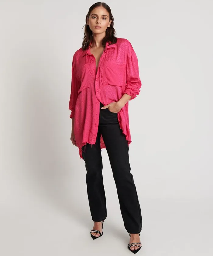Women One Teaspoon Shirts SHOCKING PINK JACQUARD LONGLINE SHIRT