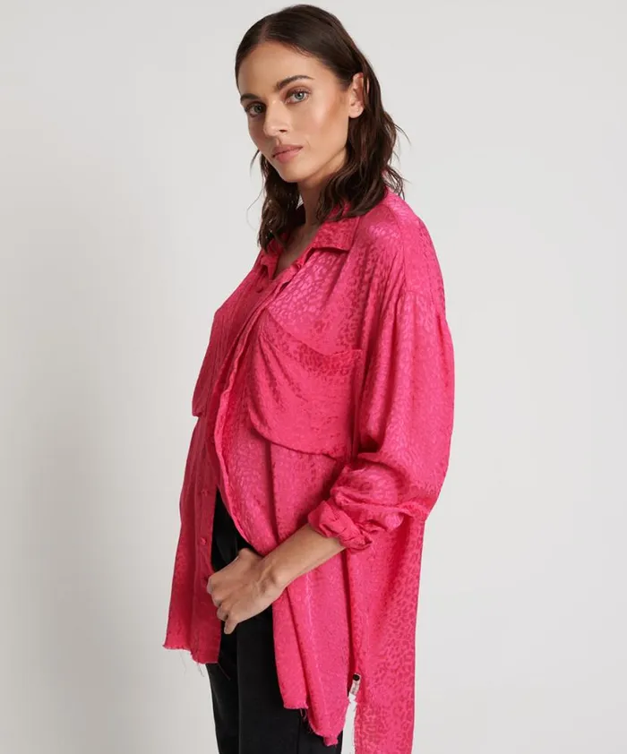 Women One Teaspoon Shirts SHOCKING PINK JACQUARD LONGLINE SHIRT Women One Teaspoon Shirts SHOCKING PINK JACQUARD LONGLINE SHIRT