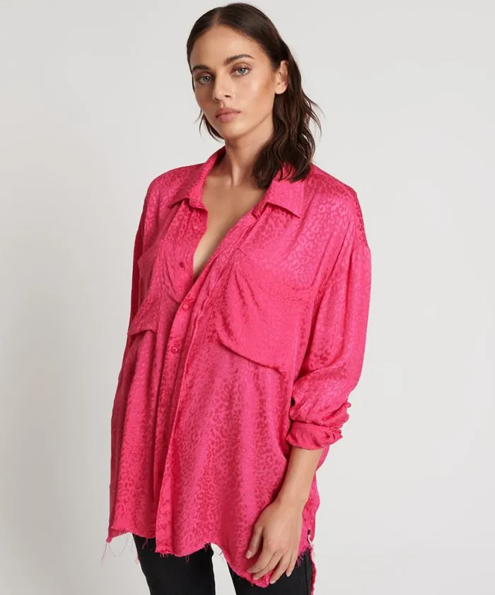 Women One Teaspoon Shirts SHOCKING PINK JACQUARD LONGLINE SHIRT Women One Teaspoon Shirts SHOCKING PINK JACQUARD LONGLINE SHIRT