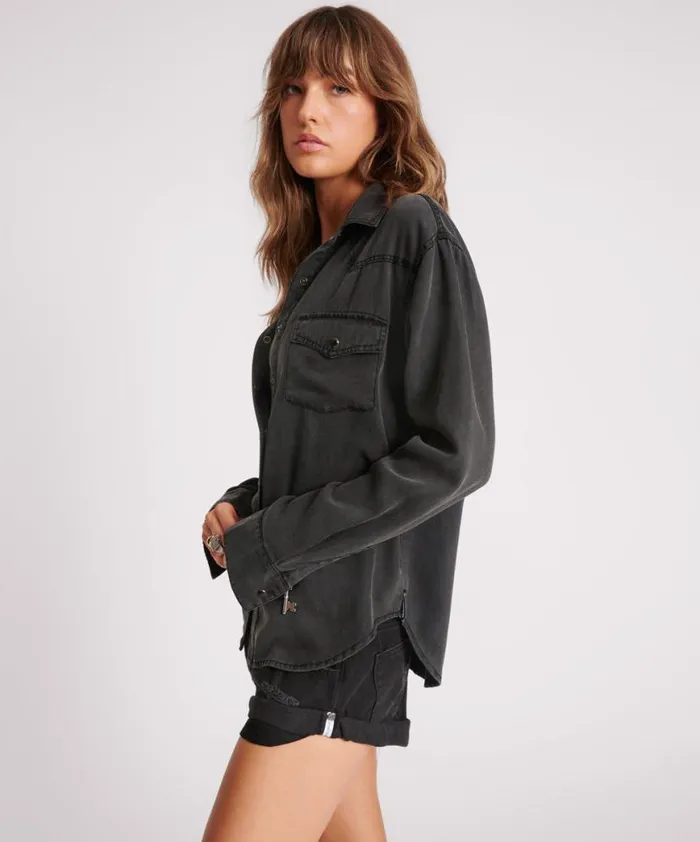 Women One Teaspoon Shirts SOFT BLACK TENCEL WESTERN SHIRT Women One Teaspoon Shirts SOFT BLACK TENCEL WESTERN SHIRT