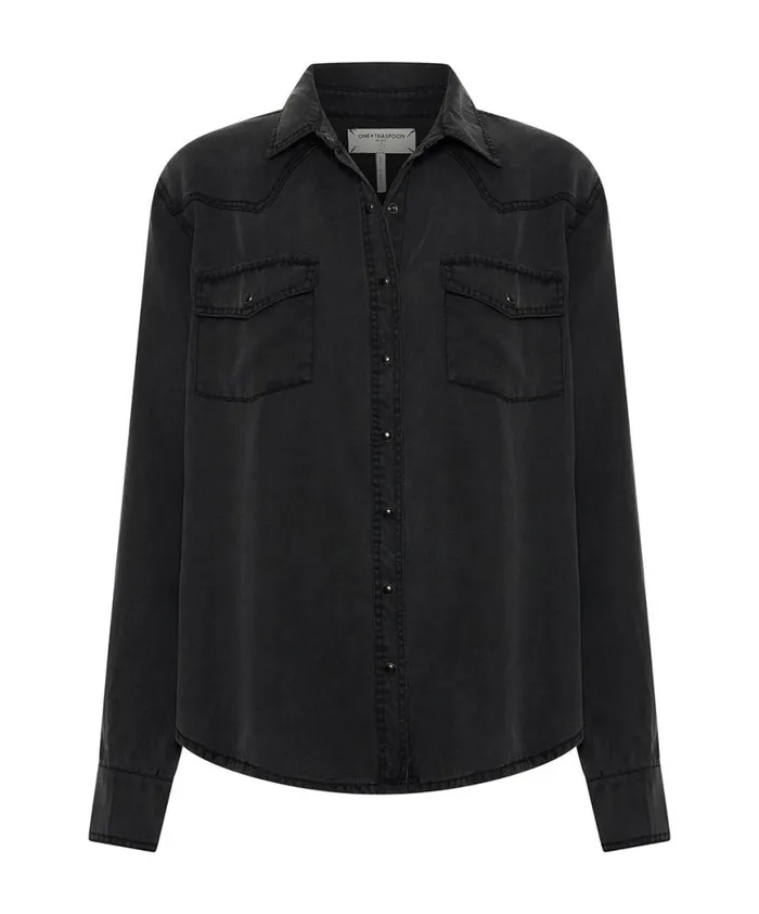 Women One Teaspoon Shirts SOFT BLACK TENCEL WESTERN SHIRT Women One Teaspoon Shirts SOFT BLACK TENCEL WESTERN SHIRT