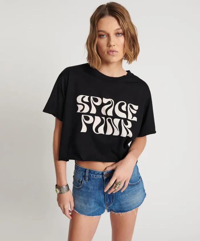 Women One Teaspoon Tees and Tanks BLACK CROPPED SPACE PUNK TEE