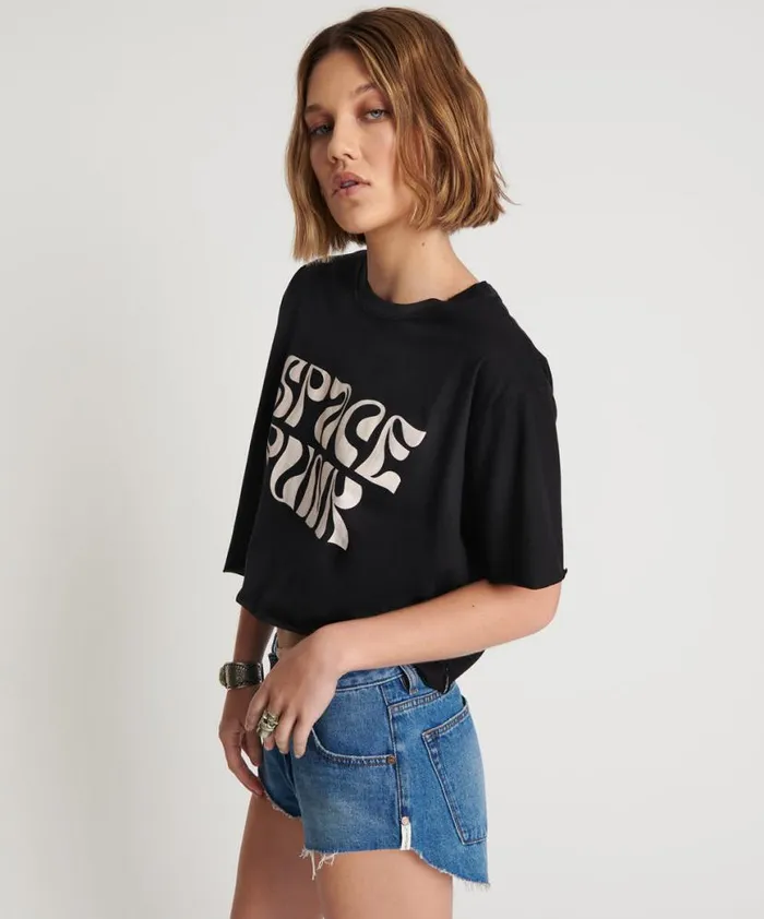 Women One Teaspoon Tees and Tanks BLACK CROPPED SPACE PUNK TEE Women One Teaspoon Tees and Tanks BLACK CROPPED SPACE PUNK TEE