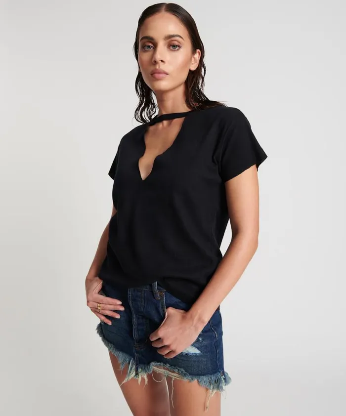 Women One Teaspoon Tees and Tanks BLACK DEEP V CUT OUT TEE