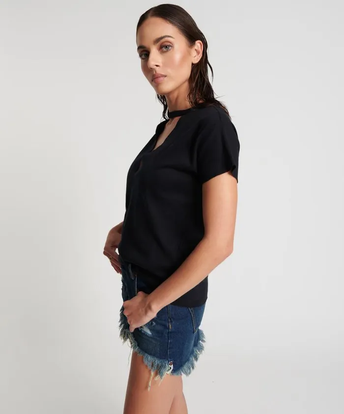 Women One Teaspoon Tees and Tanks BLACK DEEP V CUT OUT TEE Women One Teaspoon Tees and Tanks BLACK DEEP V CUT OUT TEE