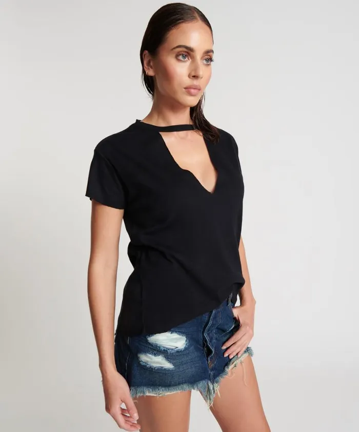 Women One Teaspoon Tees and Tanks BLACK DEEP V CUT OUT TEE Women One Teaspoon Tees and Tanks BLACK DEEP V CUT OUT TEE