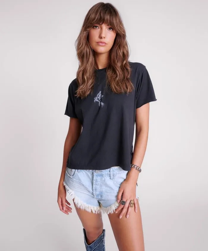 Women One Teaspoon Tees and Tanks BLACK GRAFFITI BIRD SPLIT HEM TEE