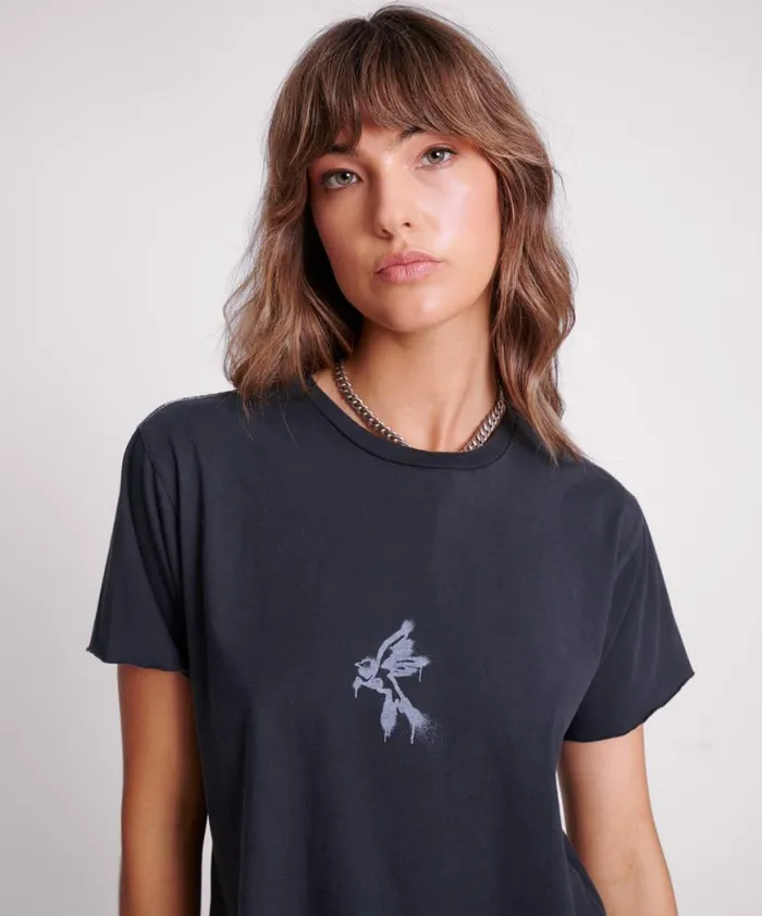 Women One Teaspoon Tees and Tanks BLACK GRAFFITI BIRD SPLIT HEM TEE Women One Teaspoon Tees and Tanks BLACK GRAFFITI BIRD SPLIT HEM TEE