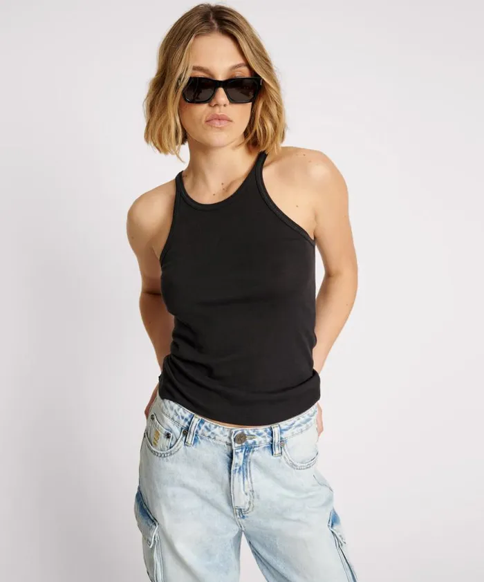 Women One Teaspoon Tees and Tanks BLACK ONE TEASPOON FINE RIB SINGLET