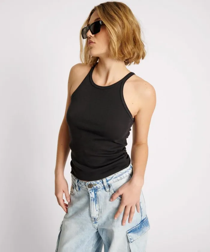 Women One Teaspoon Tees and Tanks BLACK ONE TEASPOON FINE RIB SINGLET Women One Teaspoon Tees and Tanks BLACK ONE TEASPOON FINE RIB SINGLET