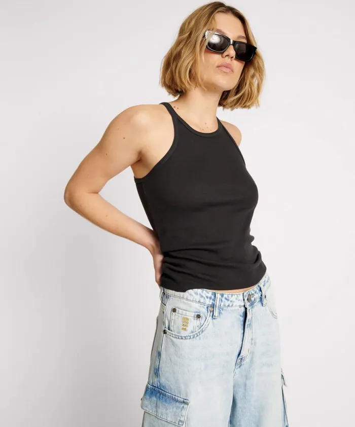 Women One Teaspoon Tees and Tanks BLACK ONE TEASPOON FINE RIB SINGLET Women One Teaspoon Tees and Tanks BLACK ONE TEASPOON FINE RIB SINGLET