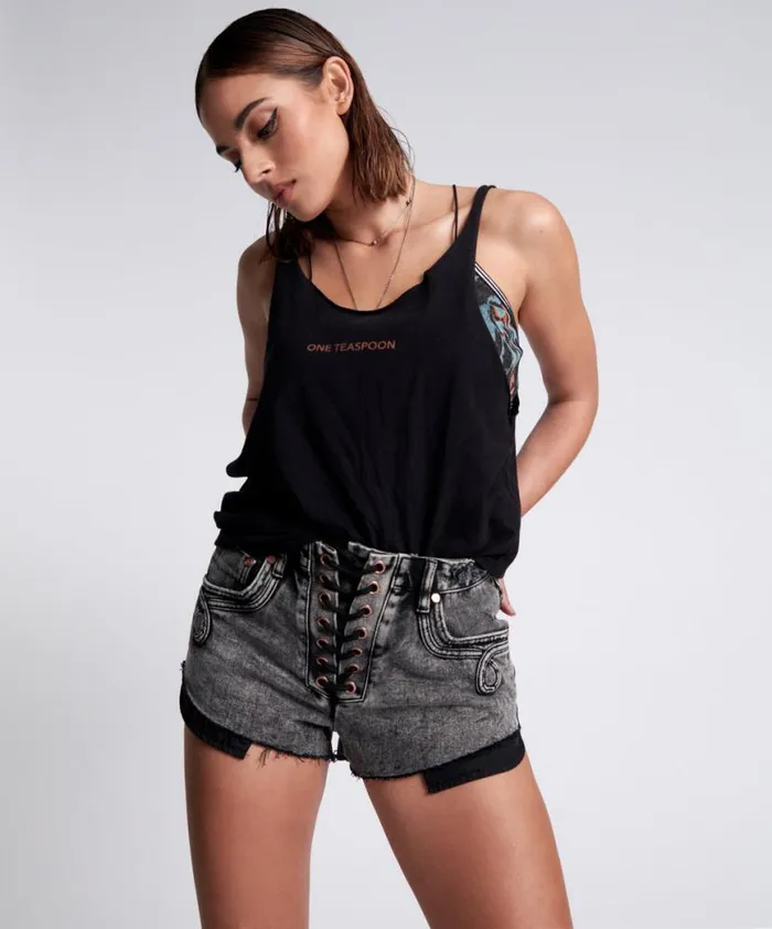 Women One Teaspoon Tees and Tanks BLACK STONE ORGANIC LOGO BARELY THERE TANK