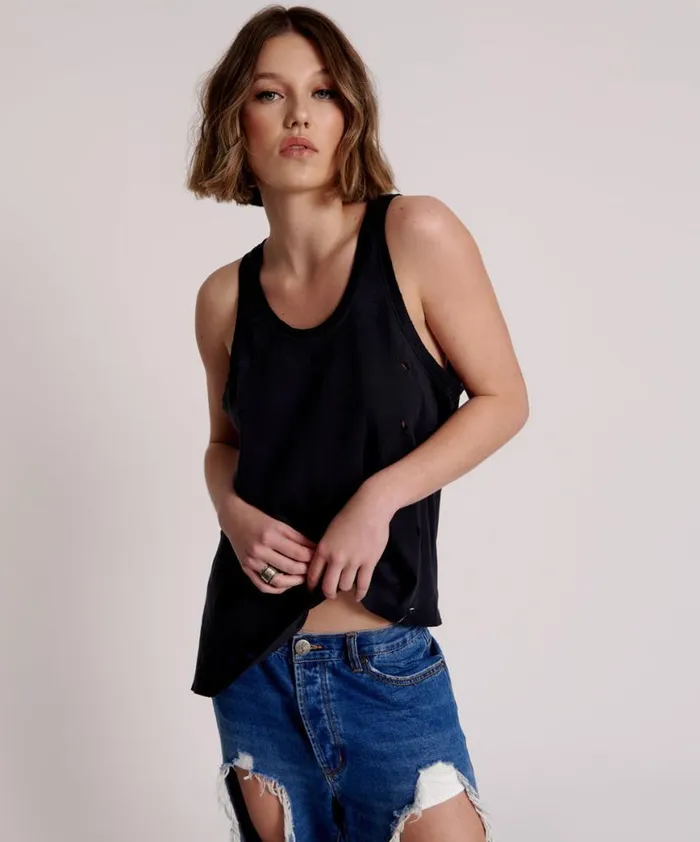 Women One Teaspoon Tees and Tanks BLACK STONE RIBBED DISTRESSED DADDIO SINGLET