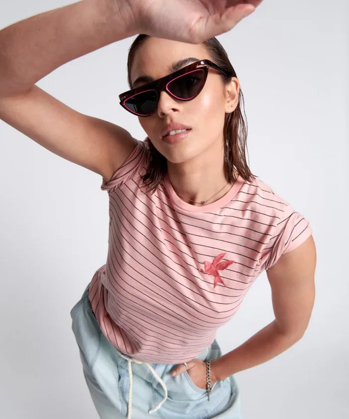 Women One Teaspoon Tees and Tanks BOWER BIRD EMBROIDERED LOGO FITTED TEE PINK