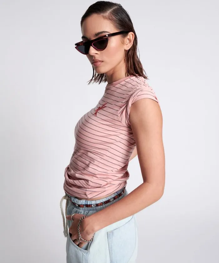 Women One Teaspoon Tees and Tanks BOWER BIRD EMBROIDERED LOGO FITTED TEE PINK Women One Teaspoon Tees and Tanks BOWER BIRD EMBROIDERED LOGO FITTED TEE PINK
