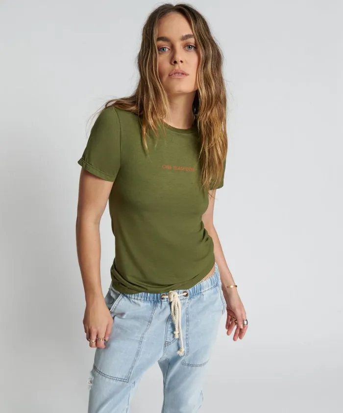 Women One Teaspoon Tees and Tanks BURNT OLIVE LOGO FITTED TEE