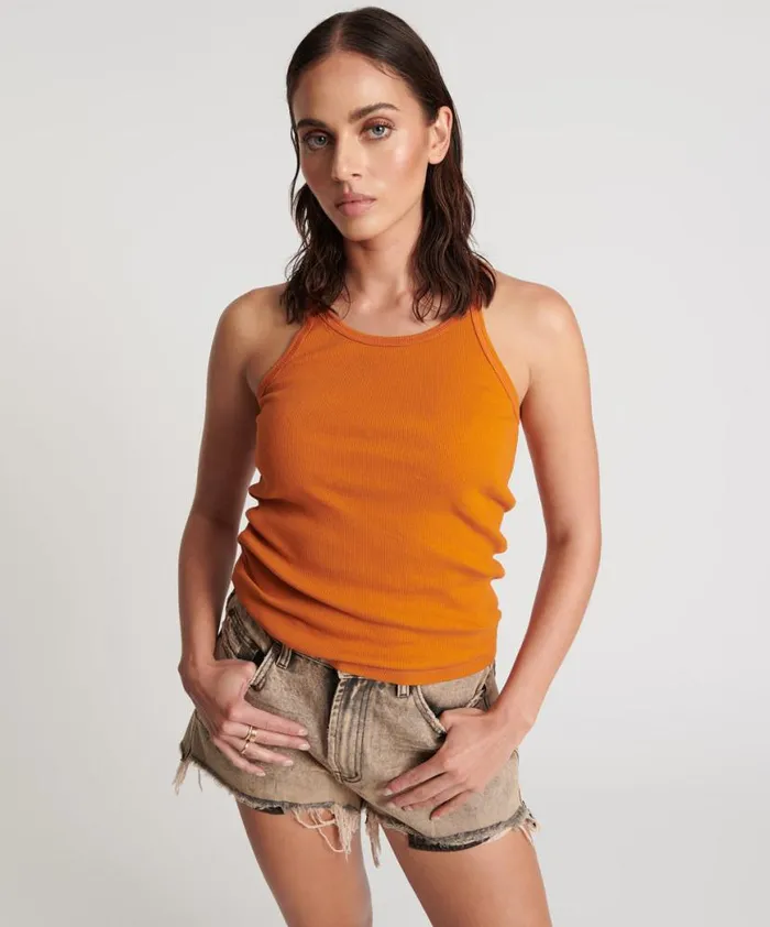 Women One Teaspoon Tees and Tanks BURNT ORANGE RIBBED TANK TOP
