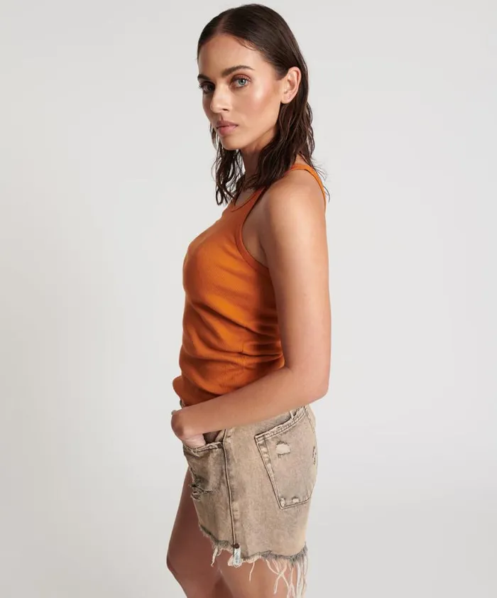 Women One Teaspoon Tees and Tanks BURNT ORANGE RIBBED TANK TOP Women One Teaspoon Tees and Tanks BURNT ORANGE RIBBED TANK TOP