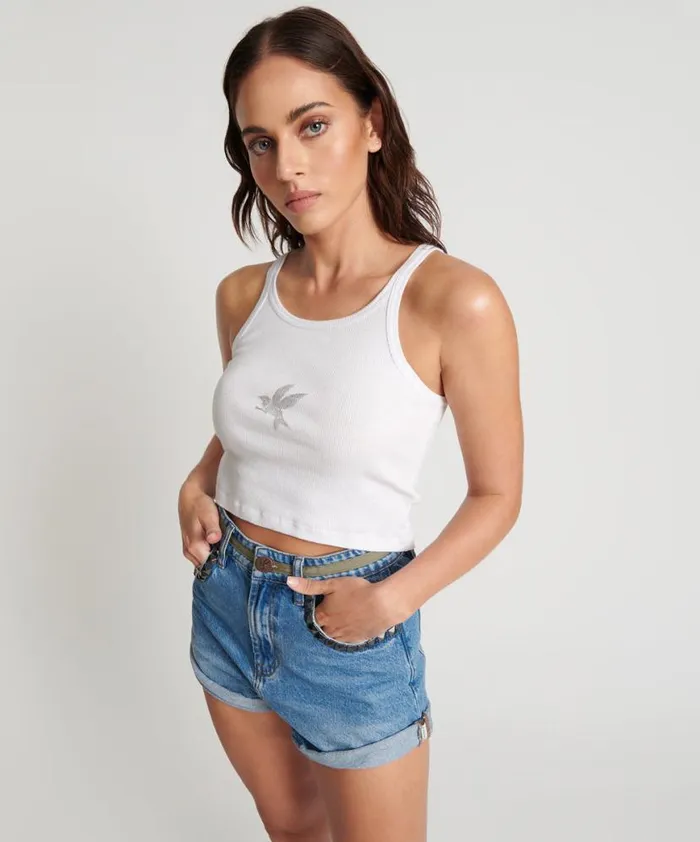 Women One Teaspoon Tees and Tanks CROPPED BOWER BIRD RIBBED TANK TOP WHITE