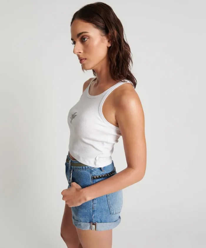 Women One Teaspoon Tees and Tanks CROPPED BOWER BIRD RIBBED TANK TOP WHITE Women One Teaspoon Tees and Tanks CROPPED BOWER BIRD RIBBED TANK TOP WHITE