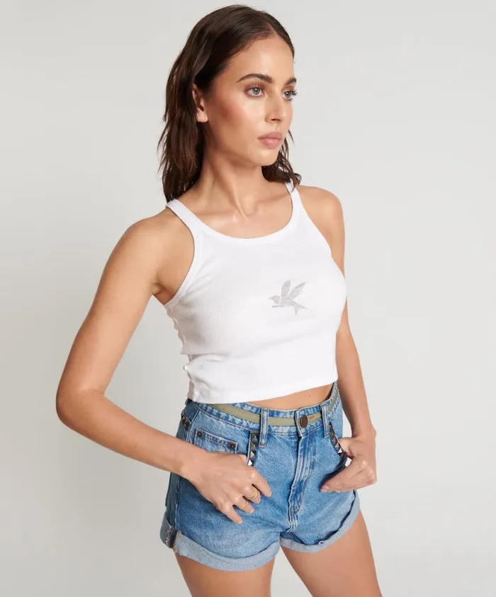 Women One Teaspoon Tees and Tanks CROPPED BOWER BIRD RIBBED TANK TOP WHITE Women One Teaspoon Tees and Tanks CROPPED BOWER BIRD RIBBED TANK TOP WHITE