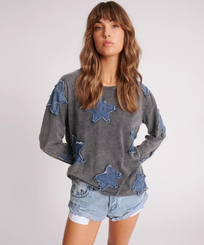 Women One Teaspoon Tees and Tanks DENIM STAR BOYFRIEND LONGSLEEVE TEE