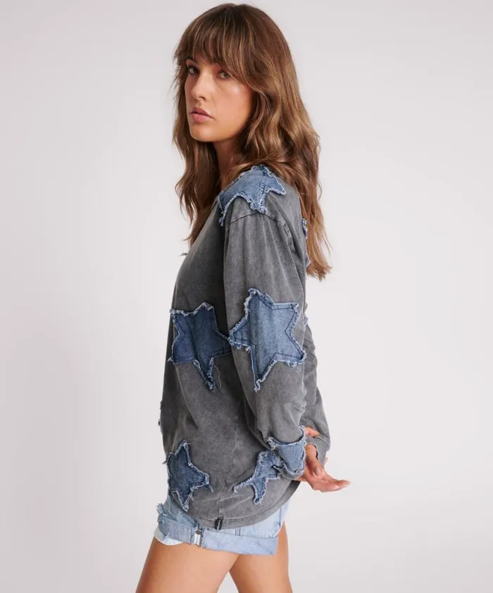 Women One Teaspoon Tees and Tanks DENIM STAR BOYFRIEND LONGSLEEVE TEE Women One Teaspoon Tees and Tanks DENIM STAR BOYFRIEND LONGSLEEVE TEE