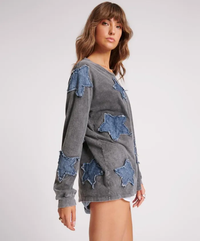 Women One Teaspoon Tees and Tanks DENIM STAR BOYFRIEND LONGSLEEVE TEE Women One Teaspoon Tees and Tanks DENIM STAR BOYFRIEND LONGSLEEVE TEE