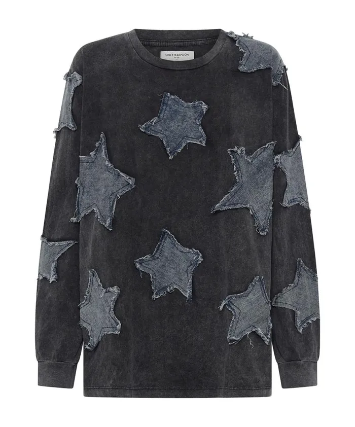 Women One Teaspoon Tees and Tanks DENIM STAR BOYFRIEND LONGSLEEVE TEE Women One Teaspoon Tees and Tanks DENIM STAR BOYFRIEND LONGSLEEVE TEE