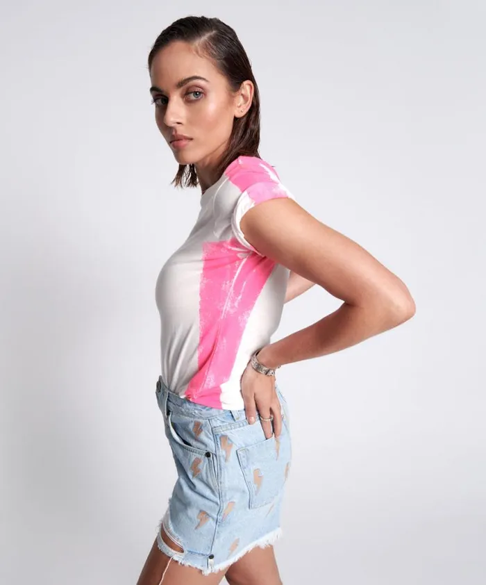Women One Teaspoon Tees and Tanks HAND SPRAYED PINK LOGO ORGANIC FITTED TEE