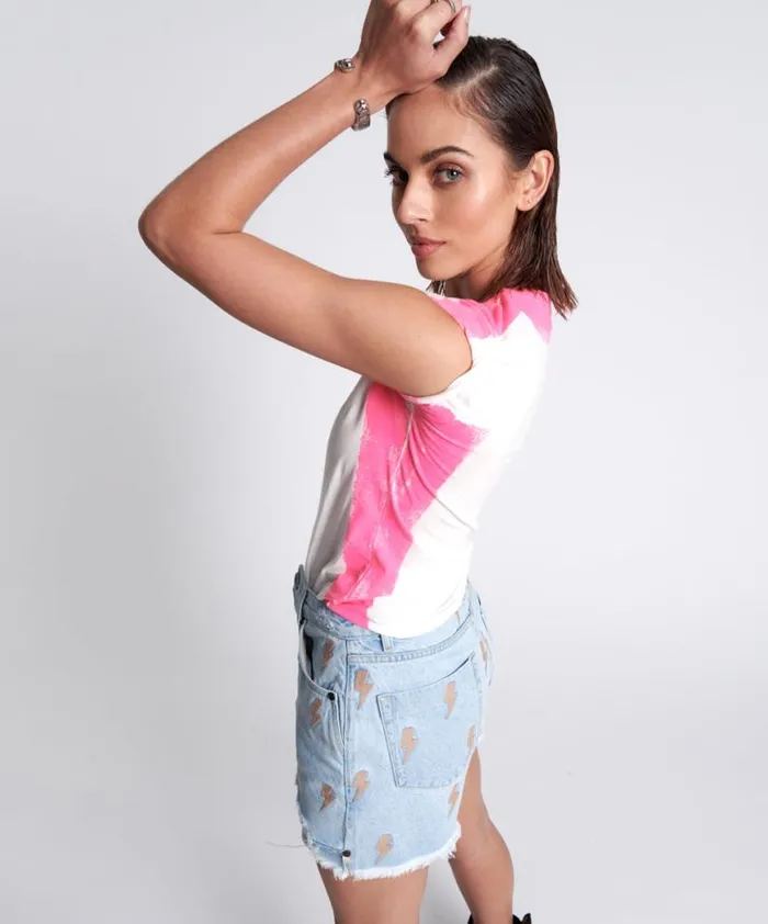 Women One Teaspoon Tees and Tanks HAND SPRAYED PINK LOGO ORGANIC FITTED TEE