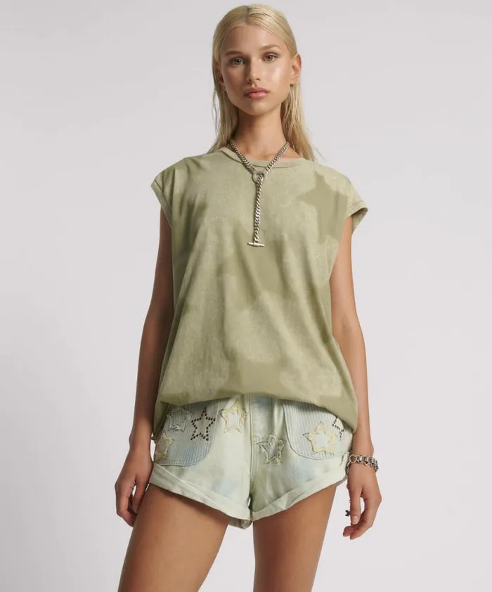 Women One Teaspoon Tees and Tanks KHAKI STAR DUST OVERSIZED TANK