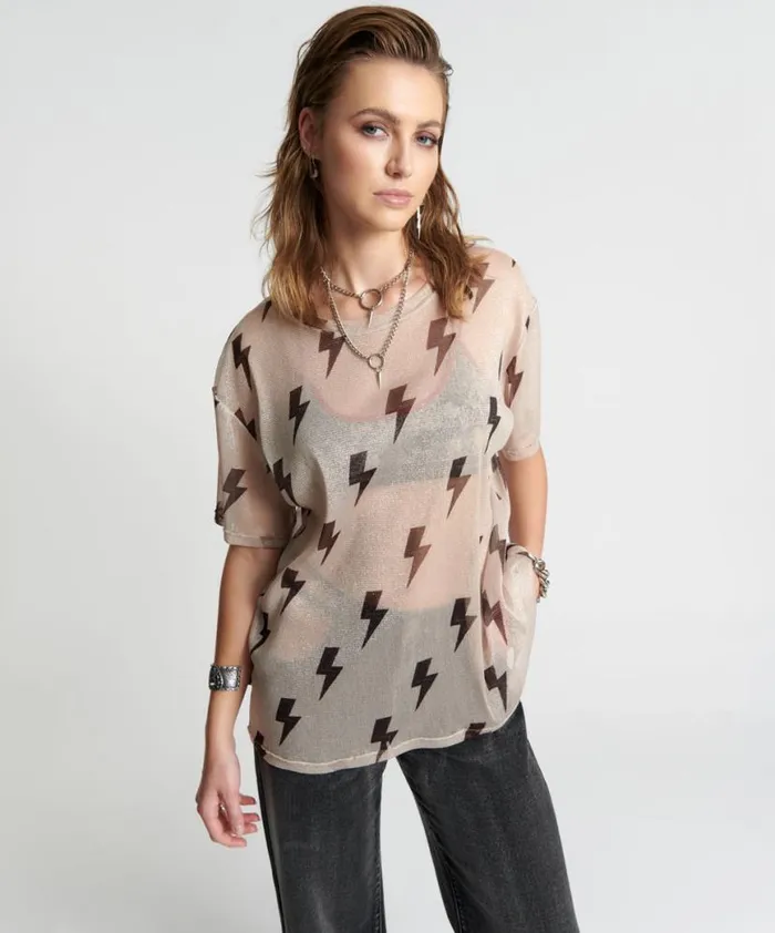 Women One Teaspoon Tees and Tanks LIGHTNING STRIKES MESH TEE SHIRT
