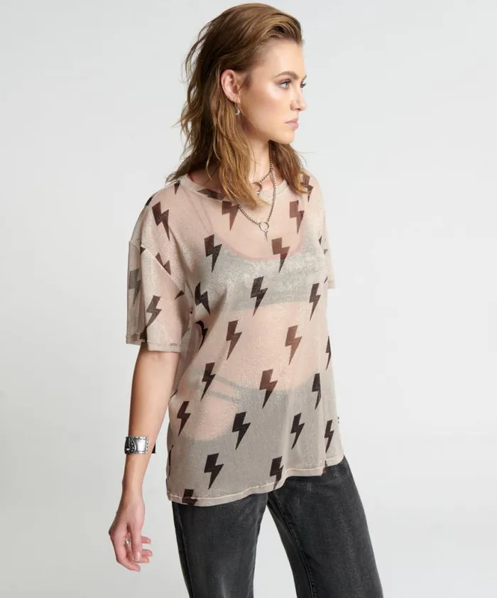 Women One Teaspoon Tees and Tanks LIGHTNING STRIKES MESH TEE SHIRT Women One Teaspoon Tees and Tanks LIGHTNING STRIKES MESH TEE SHIRT