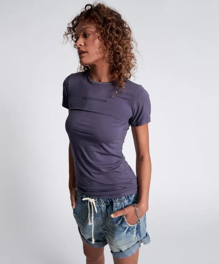 Women One Teaspoon Tees and Tanks ONE TEASPOON FITTED LOGO TEE BLUE Women One Teaspoon Tees and Tanks ONE TEASPOON FITTED LOGO TEE BLUE