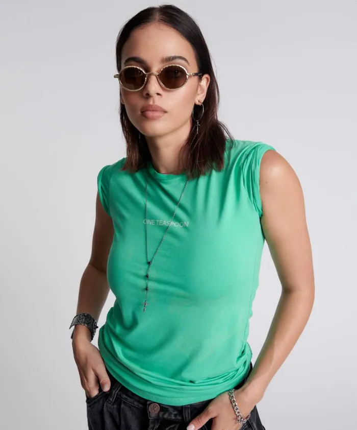 Women One Teaspoon Tees and Tanks ONE TEASPOON FITTED LOGO TEE GREEN