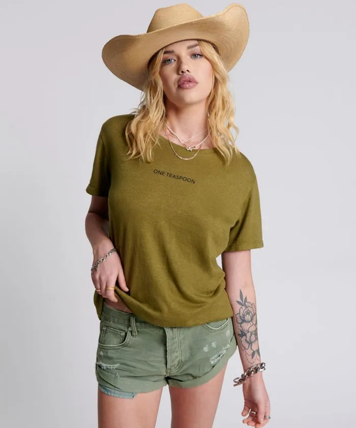 Women One Teaspoon Tees and Tanks ONE TEASPOON LINEN WIDE NECK TEE KHAKI