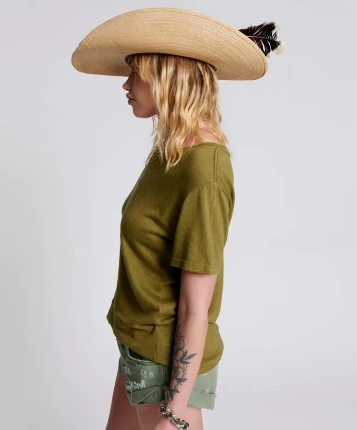Women One Teaspoon Tees and Tanks ONE TEASPOON LINEN WIDE NECK TEE KHAKI Women One Teaspoon Tees and Tanks ONE TEASPOON LINEN WIDE NECK TEE KHAKI